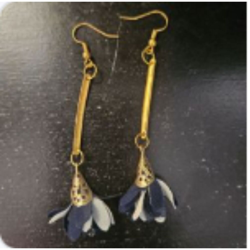 Dark Blue Flower Gold Dangle 1.5" Handmade Brand New Women's Kid's Earring